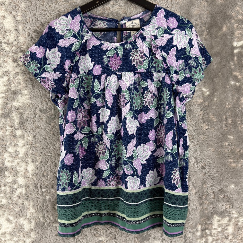 St John's Bay Size L Floral Boho Peplum Rayon Blouse Blue Short Sleeve Women
